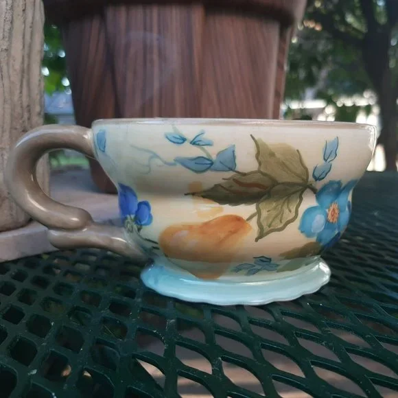 Tracy Porter Hand Painted 10oz Coffee Mug Tea Cup Yellow Blue Flowers Pear